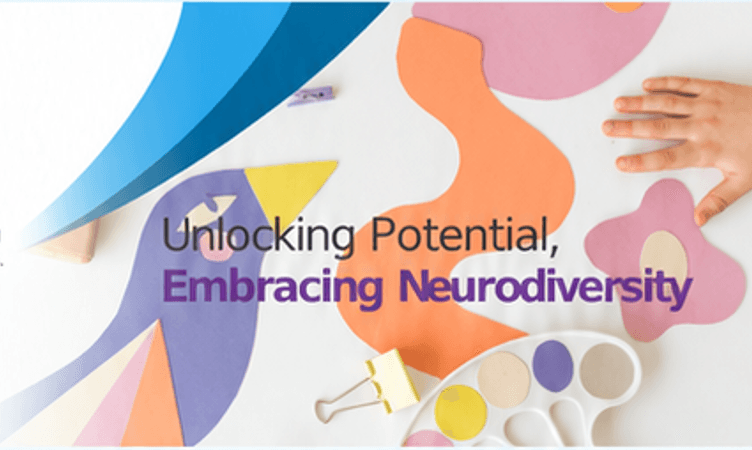 Unlocking Potential, Embracing Neurodiversity with colourful craft materials and a child's hand.